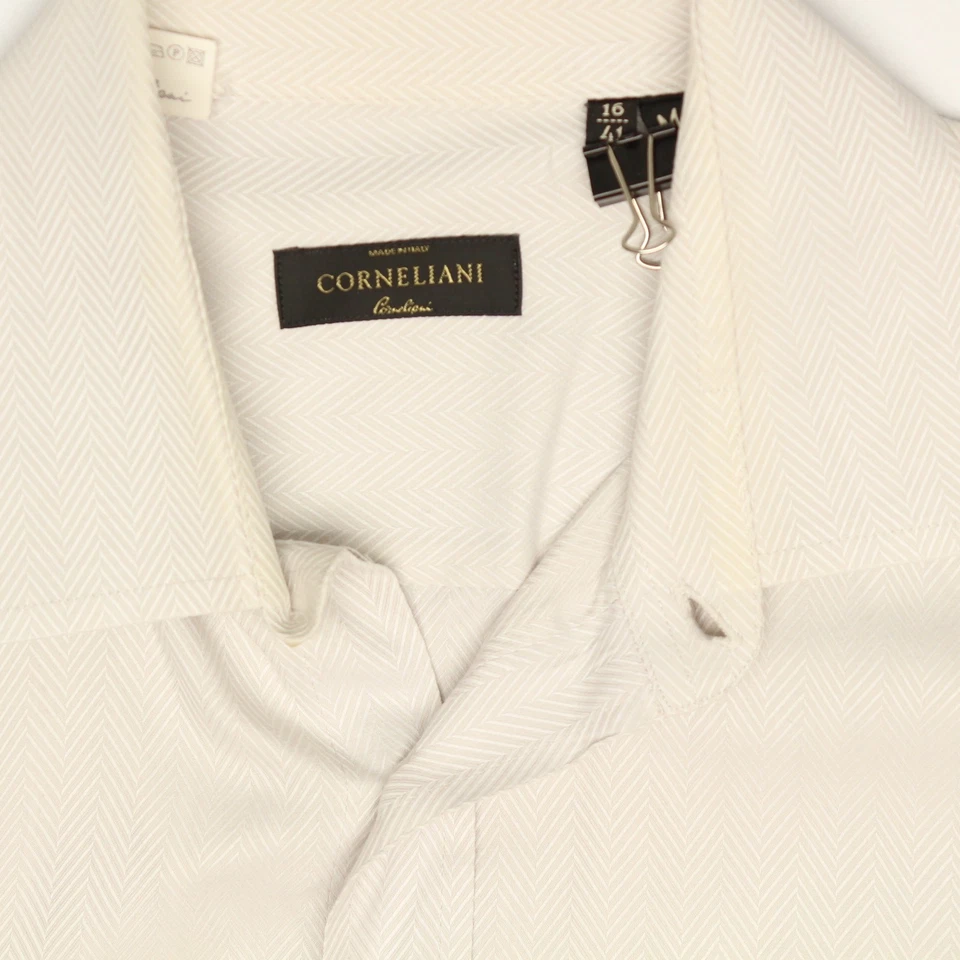 Camisa Corneliani Para Hombres 16 M Gris Claro Sólido Tejido Espiga Algodón Abotonado Foto 2 de 4