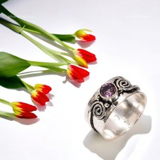 Natural Amethyst February Birth Solitaire Artisan Ring Size 7 925 Solid Silver
