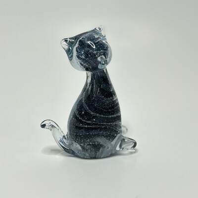 Blown Glass Cat Figurine Paperweight Blue Black Glitter Swirl Twist Art Deco