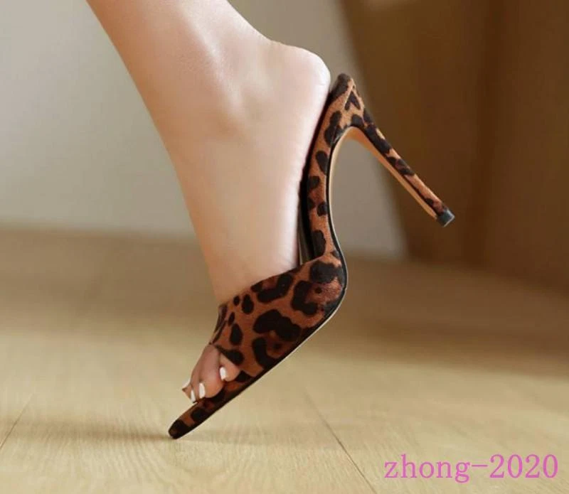 Женские леопардовый узор заглянуть носок тапочки на высоких каблуках платье вечеринки повседневные сандалии - Изображение 2 из 4