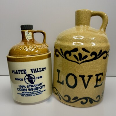 Two Vintage Style Ceramic Jugs McCormick Platte Valley Whiskey Labeled Love