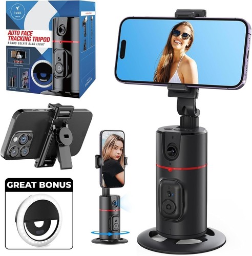 Auto Face Tracking Tripod, AI 360° Rotation Phone Holder. WITH SELFIE RING LIGHT