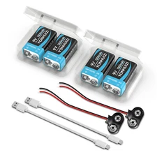 4X 9V Rechargeable Batteries1300mAh &USB 9 Volt Block Battery Cable Battery Clip