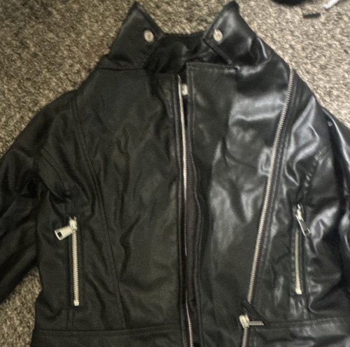 H&M Girls Black Faux Leather Biker Jacket Size 10 Full Zip Lined Pockets
