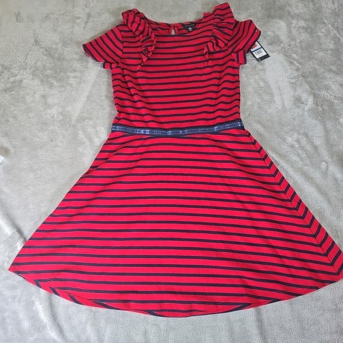 Tommy Hilfiger Girls Dress XL 16 Blue/Red Stripe Flutter Shoulder Preppy Classic - Picture 3 of 10