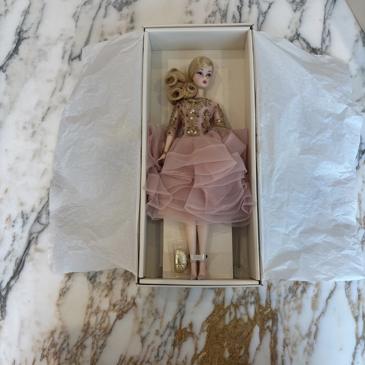 blush & gold cocktail dress barbie doll Barbie BFMC Blush & Gold Cocktail Dress Silkstone Doll Gold Label Mattel  DWF55