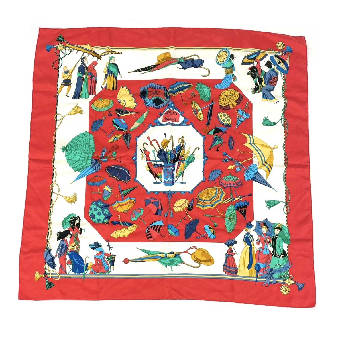Hermes Carre 90 Ombrelle Silk Scarf Red Preowned with Slight Wear