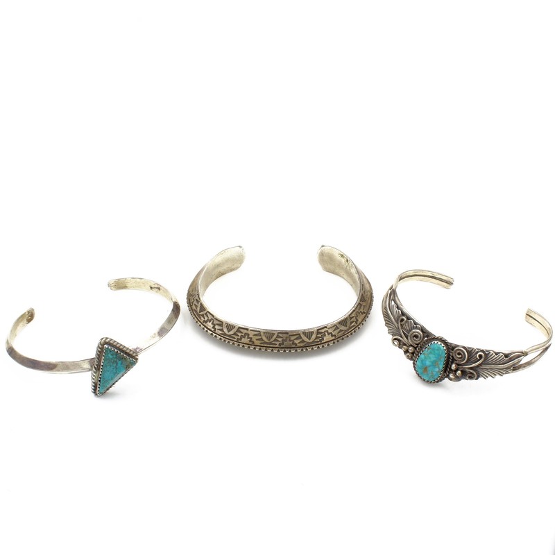 Southwest Signed Sterling Turquoise 6in-6.5in Cuff Bracelets Lot of 3 #S5582-4
