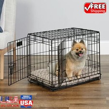 Pet Dog Kennel Crate Small Double Door Folding Metal Dog Crate With Tray Pan NEW