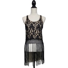 Vintage Y2K Papaya Black Lace Crochet Fringe Tank Size S Festival Flapper Grunge