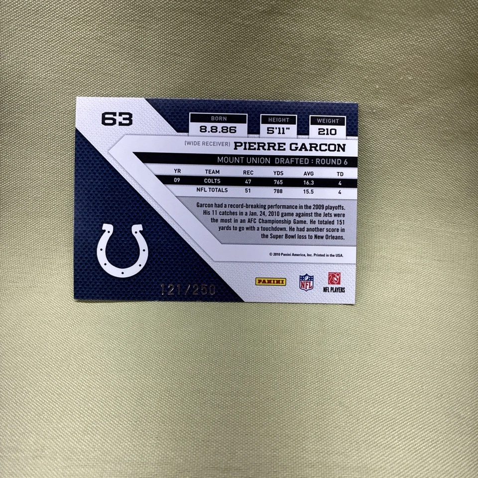 2010 Panini Threads Silver Century Proof /250 Pierre Garcon #63 Colts 🔥 - Image 2 of 2