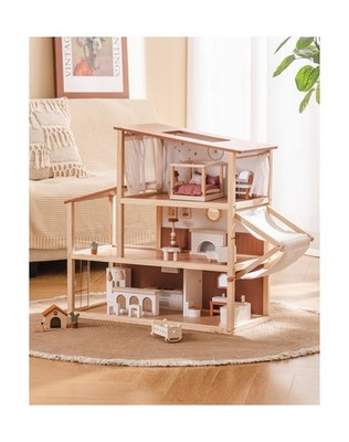 ROBUD Doll House - Wooden Bohemian Dollhouse with Realistic Design, Includes ...