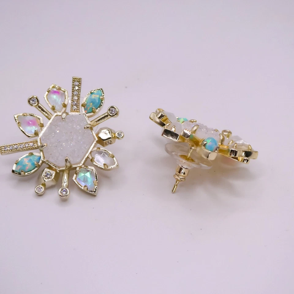 Kendra Scott Ophelia Stud Earrings In Radiant Drusy Blue Opal & Moonstone  - Image 2 of 4