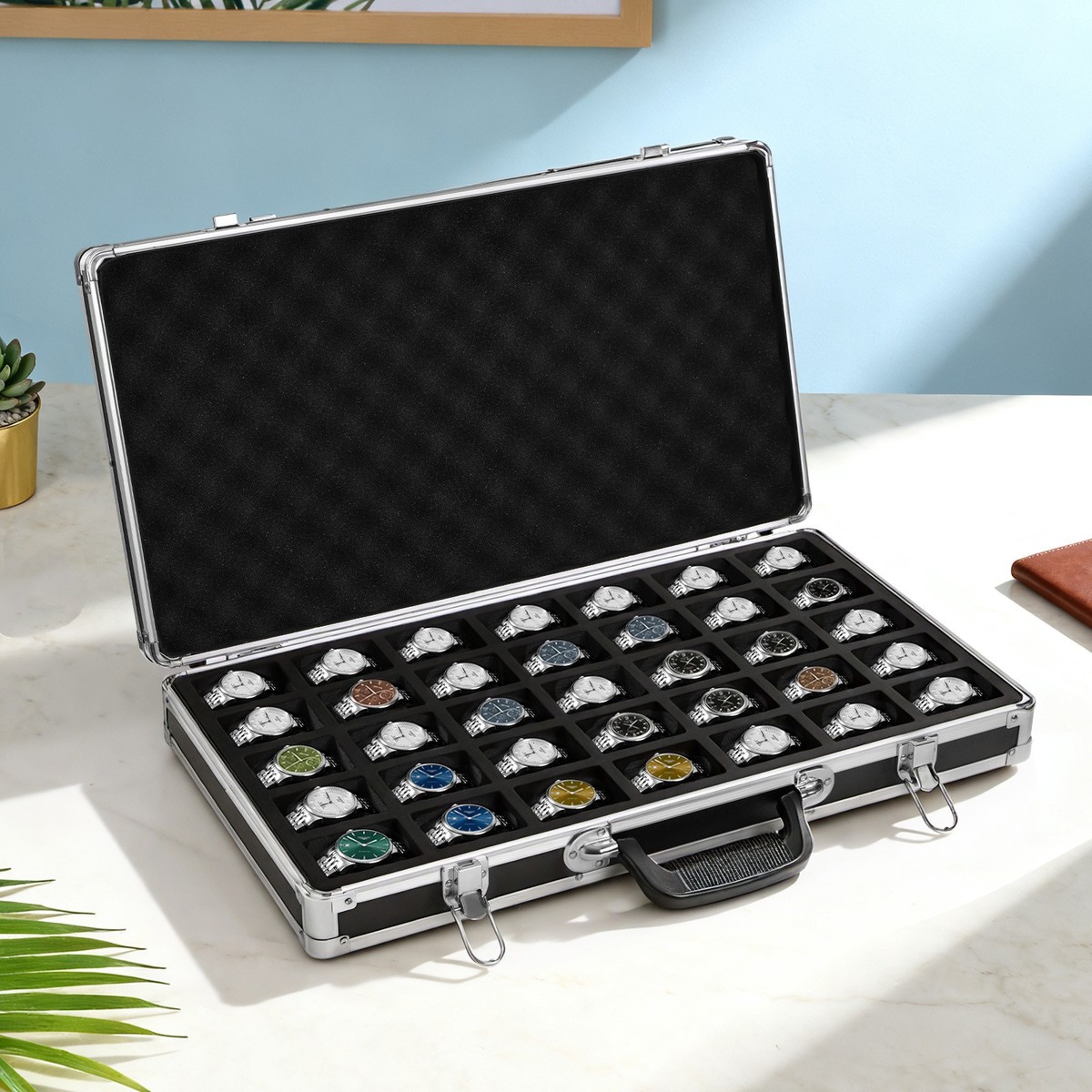 35 Slots Aluminum Watch Display Case Lockable Watch Jewelry