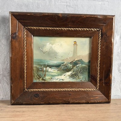 Vintage Lighthouse Oil Painting Signed Nautical Wood Rope Frame 14x16 Accolade