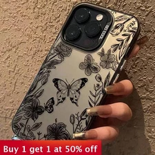 For iPhone 16 Pro Max 15 14 13 12 11 Phone Cover Beautiful Black Butterfly Case