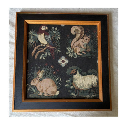 Handmade Framed Needlepoint Woodland Animals Scene Parrot Rabbit Sheep D-016