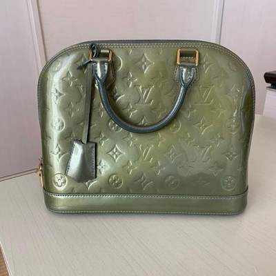 Authentic Louis Vuitton Monogram Vernis Alma Handbag Blue Grey Green w/Padlock