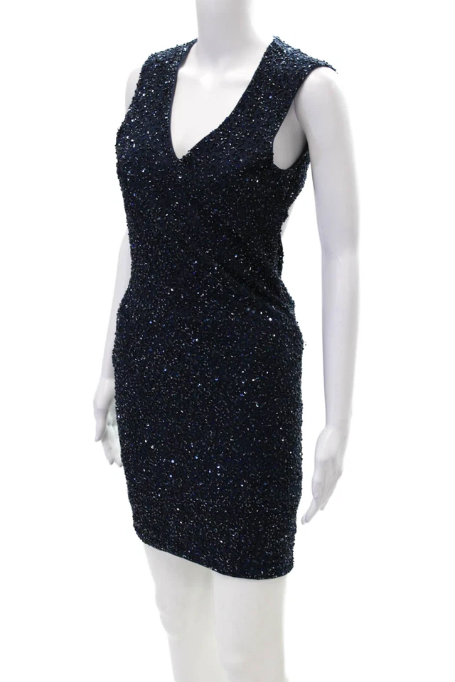 Haute Hippie Womens Side Zip Sleeveless V Neck Beaded Knit Dress Navy Size XS - Image 2 of 4