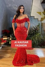 New Red Christmas Mermaid Prom Dress Off the Shoulder Lace Sequined Custom