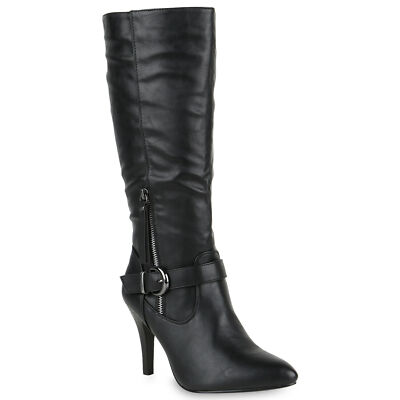 Klassische Stiefel Damen Boots Leder-Optik High Heels Schnallen