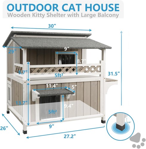 Two Story Cat House Outdoor Wooden Feral Cat Shelter with Balcony & Escape Door - Picture 2 of 7