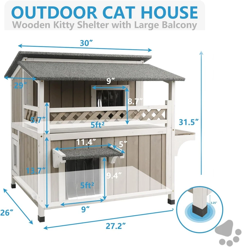 Two Story Cat House Outdoor Wooden Feral Cat Shelter with Balcony & Escape Door - Image 2 of 4