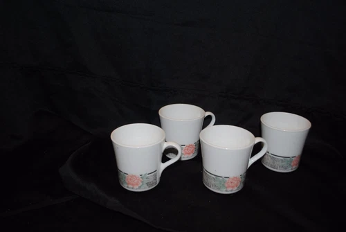 Set of four Corning Corelle Silk Roses Coffee Mug  Black Pink Roses  