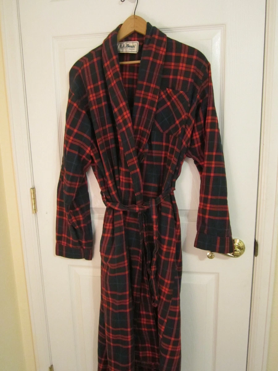 VTG Men LL Bean 100% Cotton Flannel Robe w/ Belt Red Green Tartan Plaid