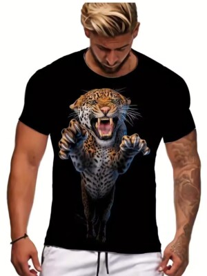 T-Shirt Brown Tiger Head Novelty Fashion Tee Short Sleeve Men Stylish Soft Tee