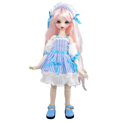 1/3 BJD Doll 30cm Cute Girls SD Dolls with Blue Dress Soft Pink Hair Kids Gift