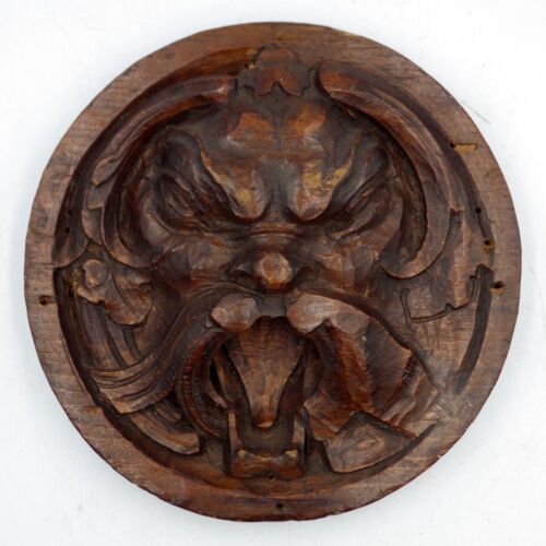 ANTIQUE 19th Century Carved Pine GREEN MAN ROUNDEL - Foto 1 di 6