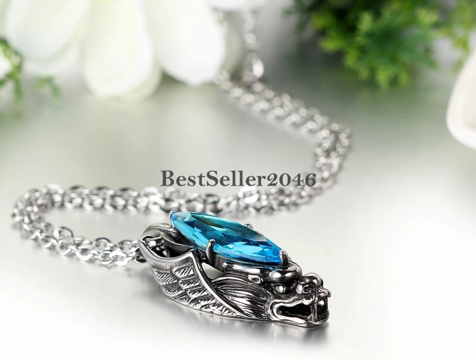 Collar con dije colgante cabeza de dragón para hombre niño tono plata cadena de acero inoxidable 22" Foto 4 de 4