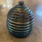 Vintage Jeanette Glass Marigold Blue Flash Iridescent Honeybee Honeypot Beehive