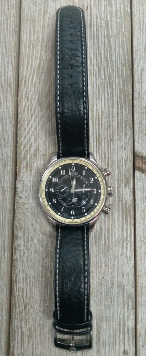 Men's Black Leather Stainless Steel Bulova Watch Tachymeter With Case