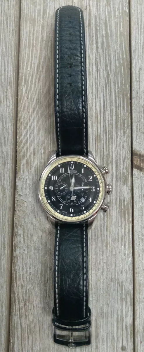 Men s Black Leather Stainless Steel Bulova Watch Tachymeter With