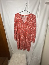 LOFT Outlet Women's Coral Pink Floral Print V-Neck Long Sleeve Cinch Waist Dress
