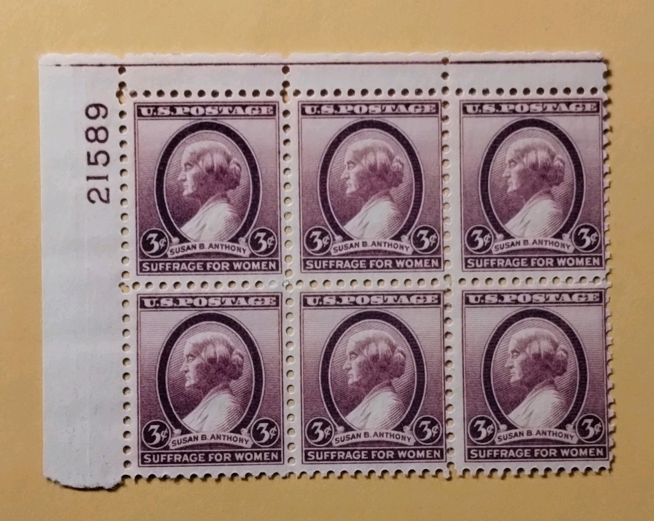 Susan B. Anthony Suffrage for Women 3¢ Purple Plate Block 21589