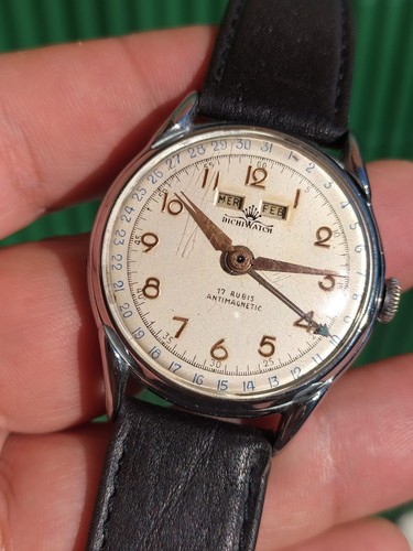 50s DICHI WATCH RARE VALJOUX 90 TRIPLE CALENDAR OROLOGIO WATCH 38mm Da Riparare - Foto 2 di 9