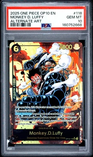 ONE PIECE MONKEY D. LUFFY 2025 OP10-ROYAL BLOOD #118 ALT ART PSA 10