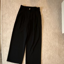 Women's Black Pleated Wide-Leg Dress Pants Stretch Polyester Spandex