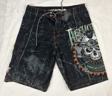 VTG Y2K Affliction Board Shorts 11  Men  s Drawstring Trunks Skull Cross Sz 34