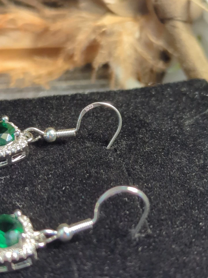 Sterling 925 Emerald Sapphire Lab Created Dangle Earrings Brilliant Square... - Image 4 of 4