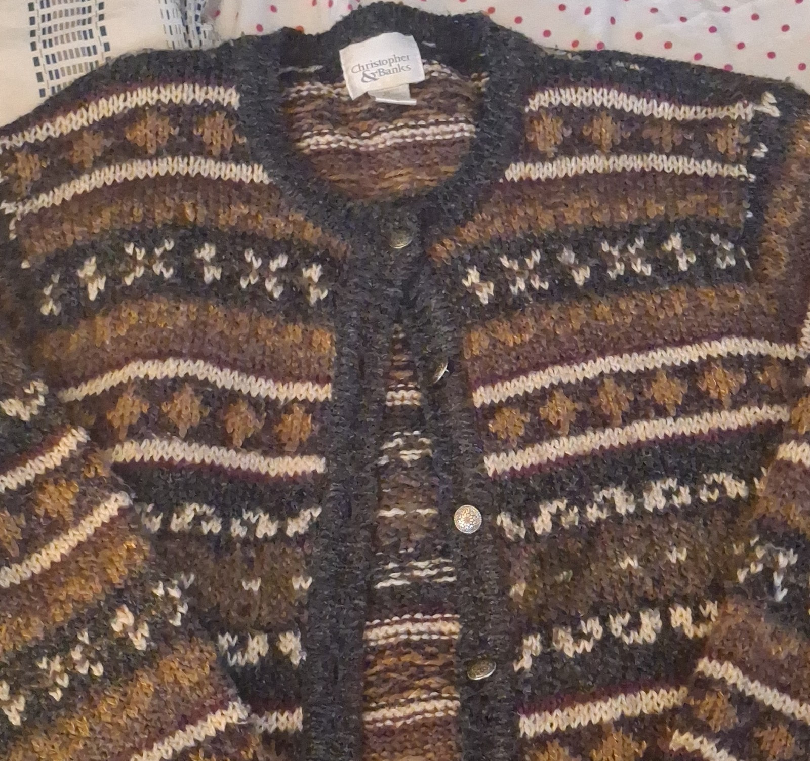 Christopher & Banks Brown Fair Isle Knit Button Front Cardigan Sweater XL