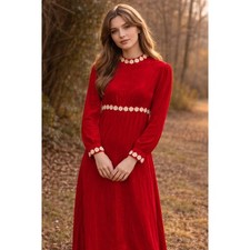 Maxi Dress Velvet Floral Embroidery Zip Vintage Red White Womens Handmade M