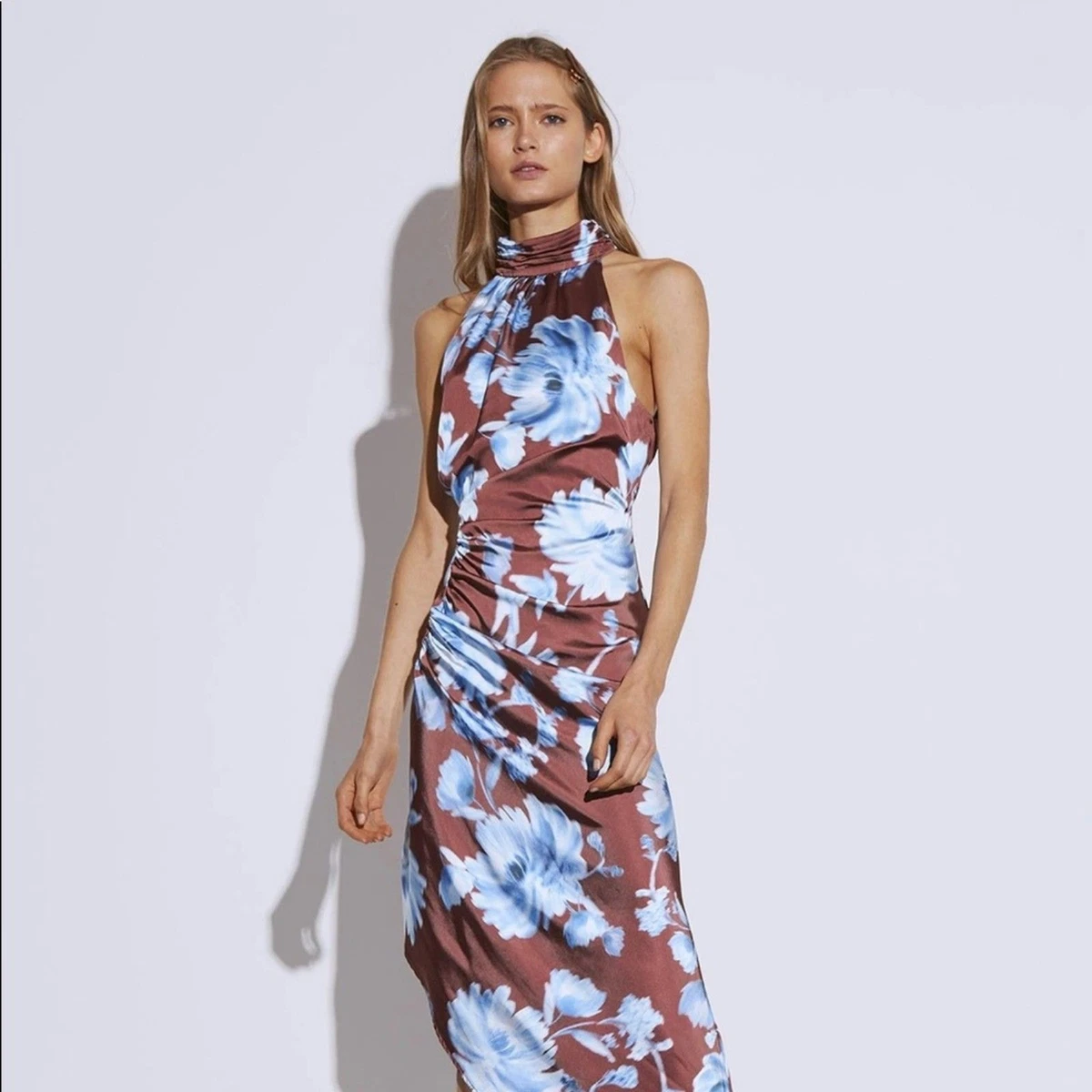 floral wedding guest midi dress Floral Midi Wedding-Guest Dress: Mac Duggal 8302 Blue Multi / 2