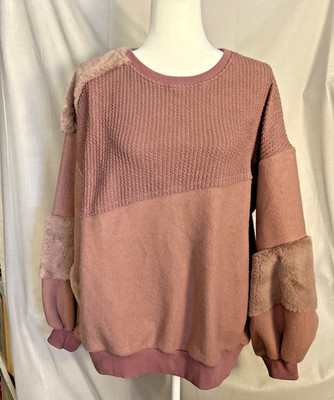 Easel Oversized Textured Knit Sweatshirt Faux Fur Accents Mauve Boho S Artsy