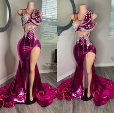 Fuchsia Mermaid Prom Dress Sparkly Crew Neck Crystal Beaded Sexy  Evening Gowns 