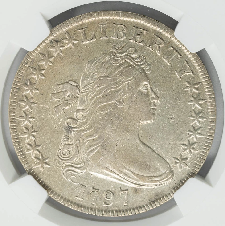 1797 Draped Bust Dollar $ 10x6 Lg Letters BB-74 B-3 AU50 NGC 950734-15 - Image 3 of 4