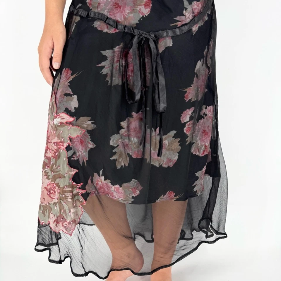 Vintage NWT Deadstock Whimsigoth Rene Derby Silk Beaded Floral Midi Dress Sz 10 - Image 4 of 4